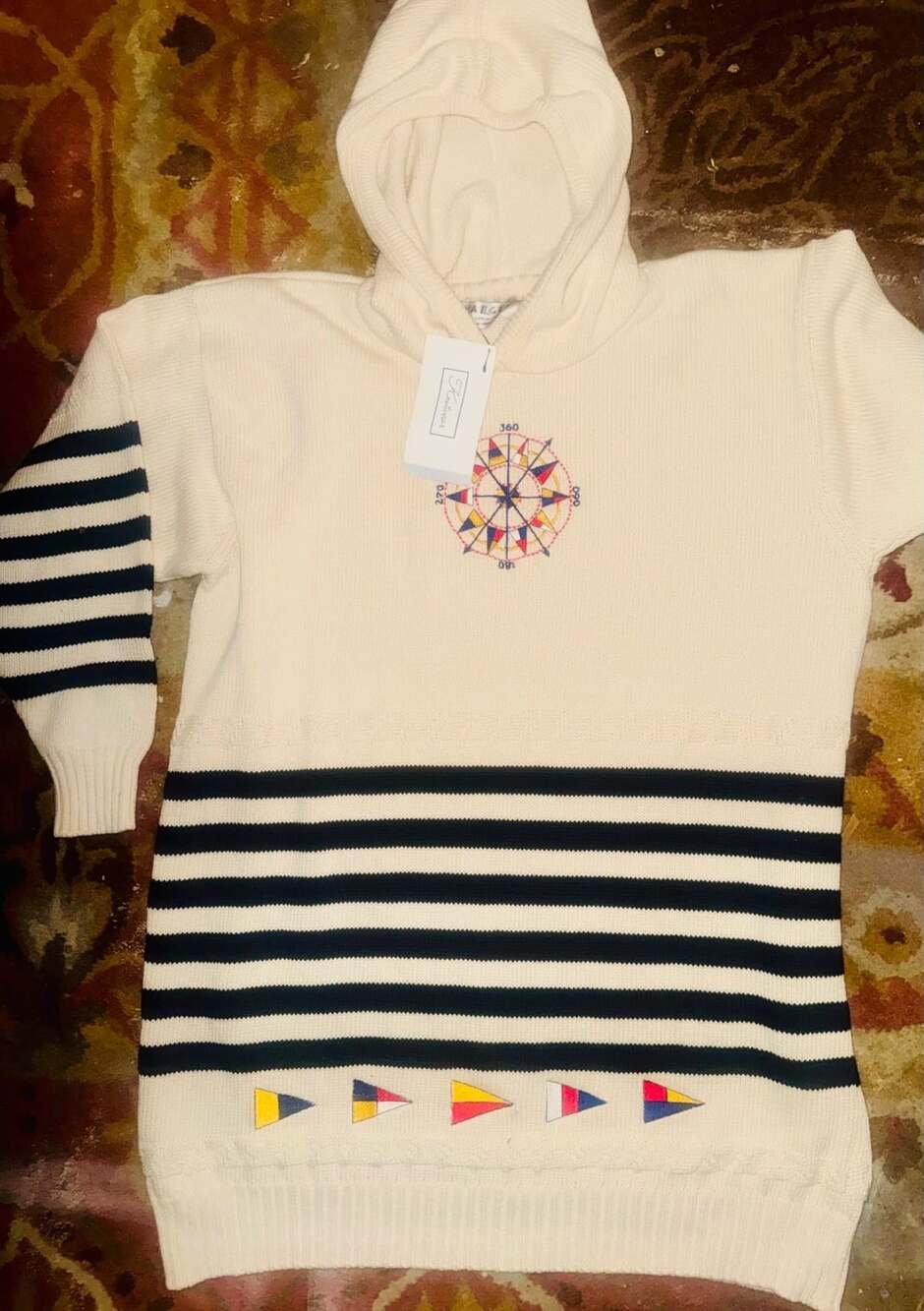 Jaeger Knitwear Hoodie Size Medium Ecru Nautical Compass Stripe New